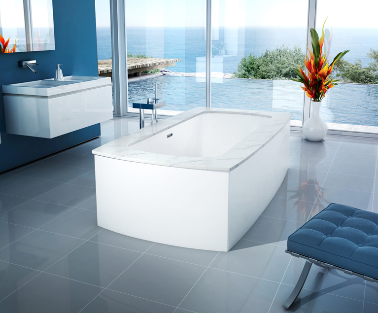 Modern bathroom with freestanding bathtub, modern taps and blue